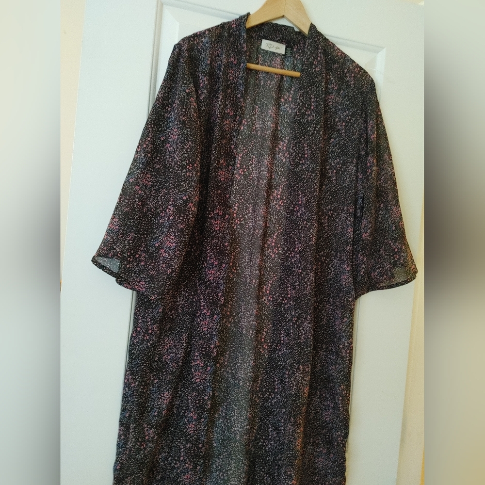 RD Style Black Pink & Blue Floral Print Sheer Kimono ~ Size XS